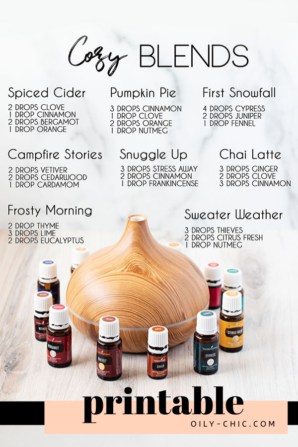 Use our cozy essential oil blend printable to fill your home with earthy outdoor aromas or spicy warm scents during the cozy season. 