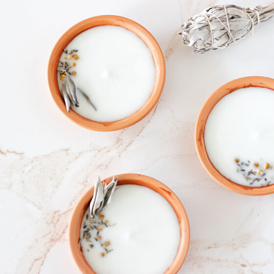 This essential oil candle recipe for DIY aromatherapy candles is handcrafted with natural soy wax, cotton, wicks, or best aromatherapy blend, and delicate dried herbs for calming effect.