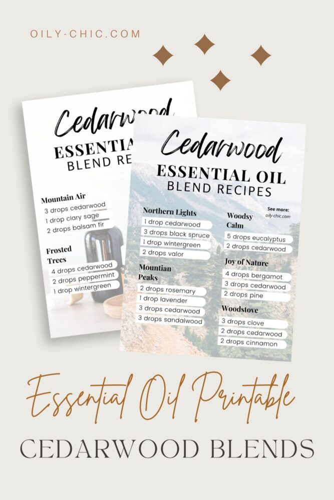 These printable charts of cedarwood essential oil blends can be used for diffuser recipes and more. Find both and many other essential oil printables in the Oily Chic Library. 