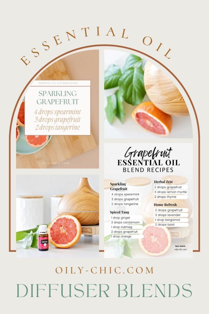 Collage of fresh grapefruit, essential oil diffuser, printable blend charts, and recipes. Text overlay reads: essential oil diffuser blends.