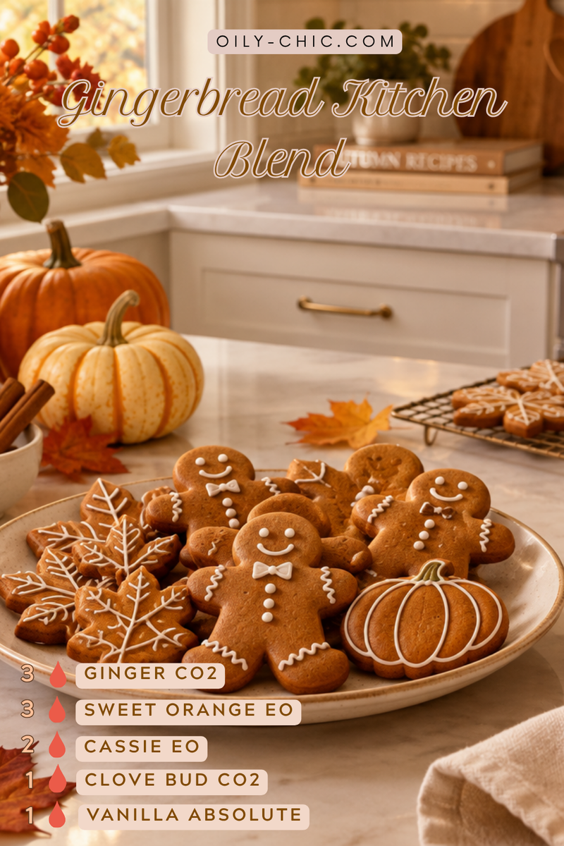 This cozy **Gingerbread Essential Oil Blend** combines warm ginger, cinnamon, clove, sweet orange, and vanilla-inspired notes to create the comforting aroma of fresh holiday baking. Perfect for fall and winter diffusing, it brings a warm, spicy, and inviting scent to kitchens, living rooms, and seasonal home routines.